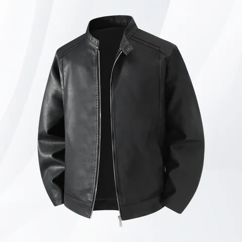 Chaqueta de Cuero PU para Hombre Moda Urbana Cuello Alto Chaqueta de Motociclista Color Sólido Ajuste Delgado Prenda de Abrigo Top para Primavera Otoño