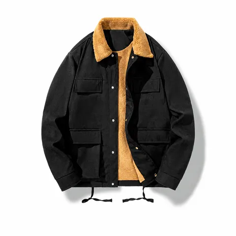 Vintage Lambswool Jacket Men Winter Thick Fleece Coat Multi-pocket Turn-down Collar Casual Warm Outdoor Outwear Top