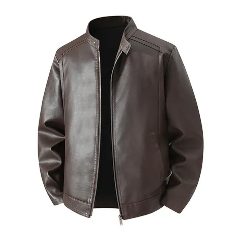 Chaqueta de Cuero PU para Hombre Moda Urbana Cuello Alto Chaqueta de Motociclista Color Sólido Ajuste Delgado Prenda de Abrigo Top para Primavera Otoño