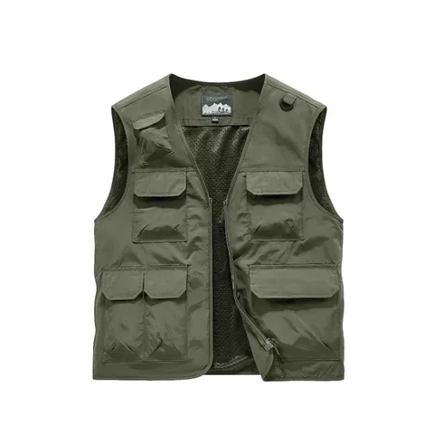 Men's Outdoor Multi-Pocket Fishing Work Vest Nylon Mesh Lining V-Neck Zipper Fly Casual Sleeveless Photography Jacket Coat