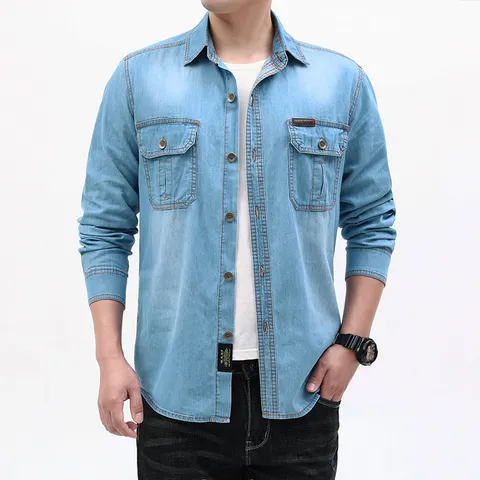 Herren Casual Langarm Denim Hemd Gewaschene Baumwollmischung Top Mit Reverskragen Einfarbig Mode Urban Stil Männer Kleidung