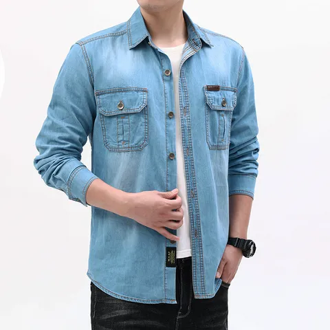 Herren Casual Langarm Denim Hemd Gewaschene Baumwollmischung Top Mit Reverskragen Einfarbig Mode Urban Stil Männer Kleidung