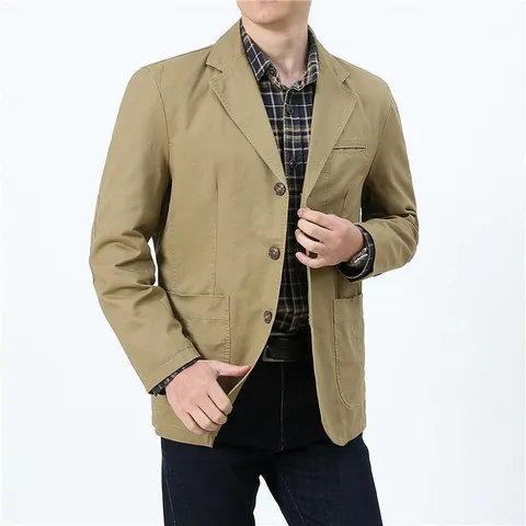 Men's Casual Cotton Blazer Jacket Slim Fit Business Suit Spring Autumn Lightweight Solid Color Coat Plus Size Outwear Top