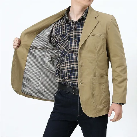 Men's Casual Cotton Blazer Jacket Slim Fit Business Suit Spring Autumn Lightweight Solid Color Coat Plus Size Outwear Top
