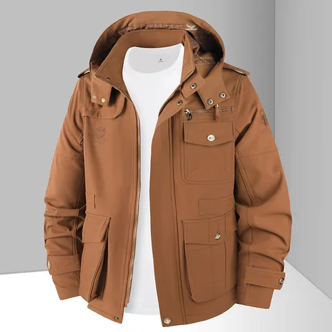 Veste en Polyester Lavé pour Hommes avec Capuche Multi-poches Décontractée Workwear Manteau Automne Hiver Col Montant