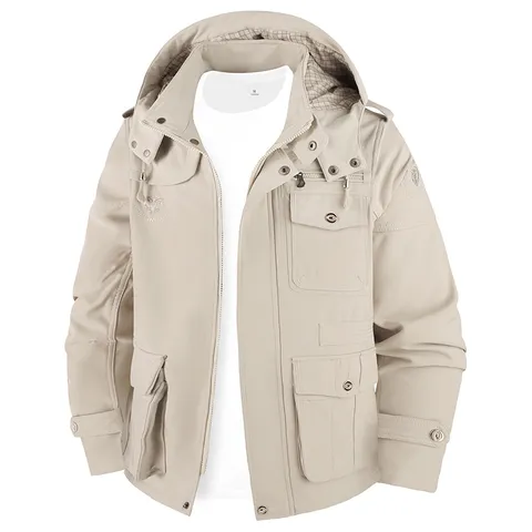 Veste en Polyester Lavé pour Hommes avec Capuche Multi-poches Décontractée Workwear Manteau Automne Hiver Col Montant