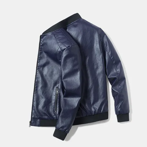 Men's Stand Collar Faux Leather Jacket Slim Fit Polyurethane Windproof Outerwear Casual Streetwear Zip Up Coat For Autumn