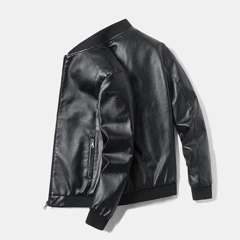 Men's Stand Collar Faux Leather Jacket Slim Fit Polyurethane Windproof Outerwear Casual Streetwear Zip Up Coat For Autumn