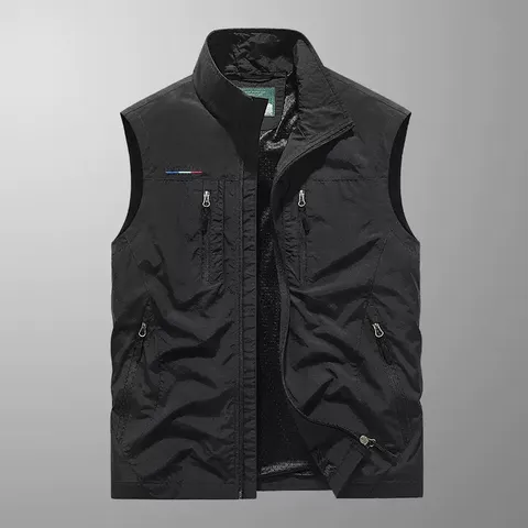 Men's Quick Dry Multi-Pocket Fishing Vest Outdoor Photography Utility Cargo Vest Stand Collar Zip-Up Jacket For Men Polyester