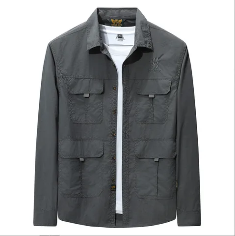 Men's Casual Cargo Shirt Nylon Long Sleeve Button Down Shirt With Pockets Wear Resistant Outdoor Fashion Work Top