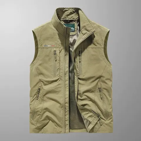 Men's Quick Dry Multi-Pocket Fishing Vest Outdoor Photography Utility Cargo Vest Stand Collar Zip-Up Jacket For Men Polyester