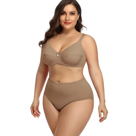 Women's Plus Size Ultra-thin Sexy Bra Set Seamless Smooth Minimizer Full Cup Brassiere High Waist Briefs Lingerie Set