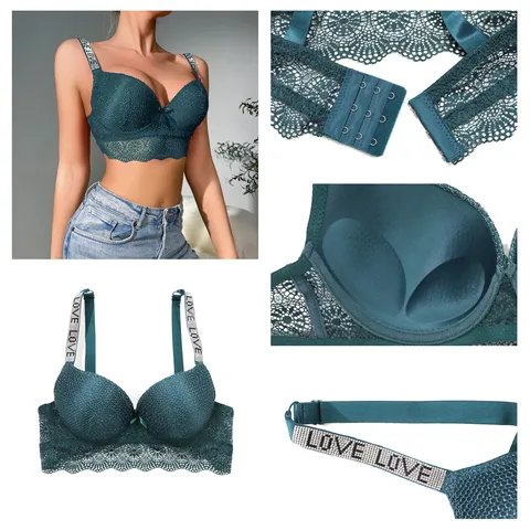Womens Luxury Lace Embroidery Push Up Bra Rhinestone Letter Straps Underwire Gathered Lift Up Nylon Underwear For Lady