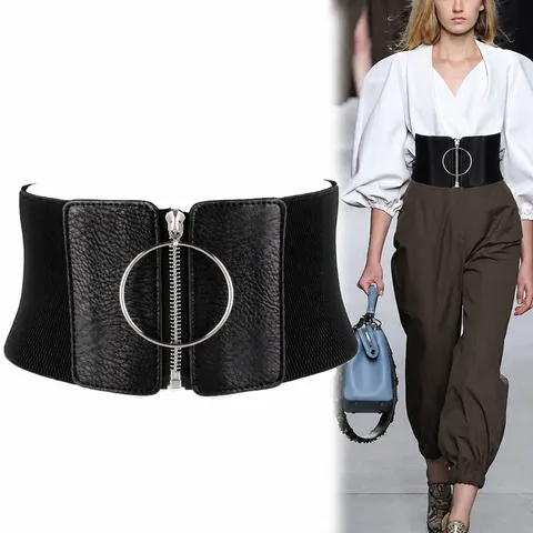 Ceinture Taille Élastique Large pour Femmes en Cuir PU Ceinture Corset Minimaliste Fermeture Éclair Métal Boucle Anneau Accessoires de Robe