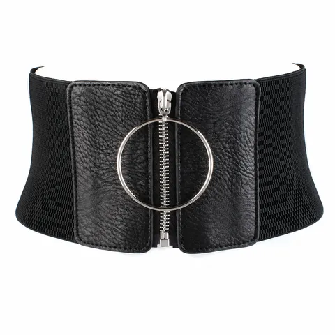 Ceinture Taille Élastique Large pour Femmes en Cuir PU Ceinture Corset Minimaliste Fermeture Éclair Métal Boucle Anneau Accessoires de Robe