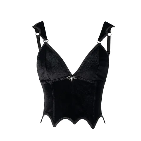 Débardeur Cami Gothique en Velours avec Baleines Femmes Hot Girl Halloween Ourlet Aile de Chauve-souris Pendentif Corset Col en V