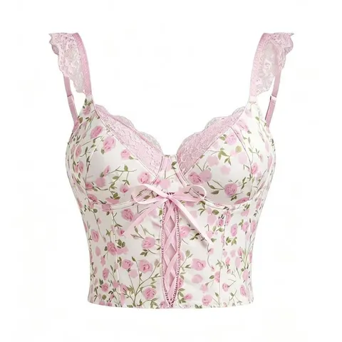 Sweet Western Style Floral Print Cami Top Lace Trim Bow Tie Corset Cropped Slim Fit Pullover Square Neck Vest Top For Women