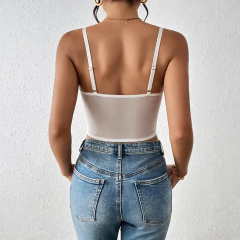 Sexy Sheer Mesh Embroidered Lace-Up Crop Top Women V-Neck Camisole Outer Wear Underwired Floral Bralette Top