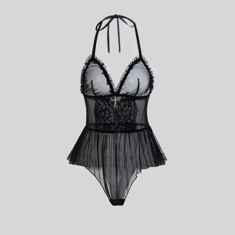 Gothic Lace Mesh Halter Bodysuit With Rhinestone Cross Pendant Sexy Deep V Backless Sheer Ruffle Lingerie For Women