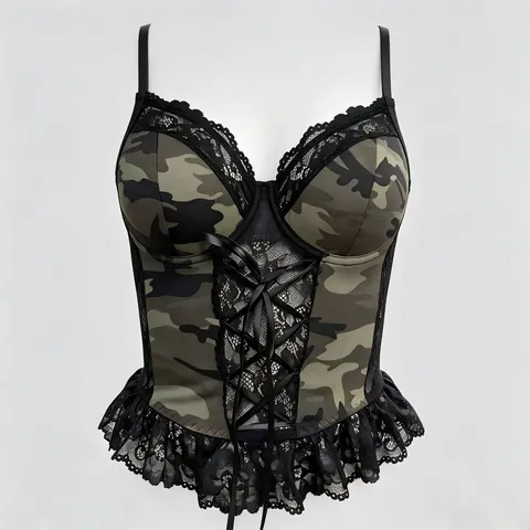 Women American Vintage Camouflage Lace Corset Cami Tank Top Gothic Ruffle Hem Lace-up Slim Fit V-Neck Back Zipper Cargo Style Clubwear Tops