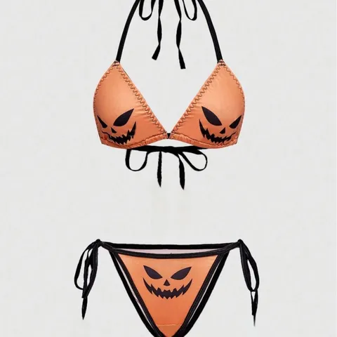 Conjunto de Lencería Gótica de Halloween Cara de Calabaza Sujetador de Lazo al Cuello y Bragas de Triángulo Lencería Sexy para Mujer Fiesta
