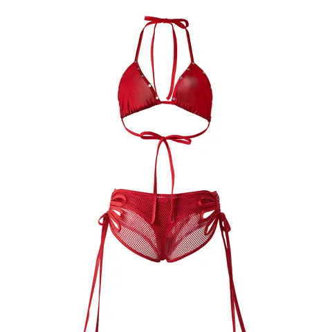 Sexy Women Bikini Top And Bottom Lingerie Set Halter Neck Adjustable Lace Up Mesh Three Piece Underwear Swimwear Dress