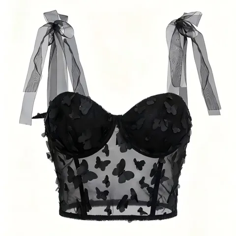 Dark Gothic Women Camisole Top Black Polyester Corset Top See Through Mesh 3D Butterfly Boning Tight Bustier Top Everyday Party