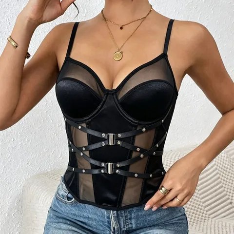 Gothic Women Polyester Mesh See-Through Lace-Up Corset Top V-Neck Boning Camisole Underwear Black Strappy Vest Top For Halloween Party