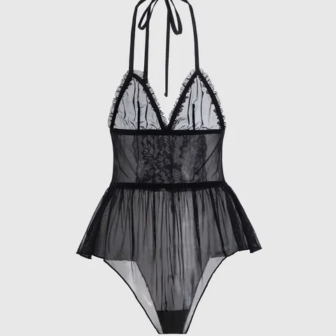 Gothic Lace Mesh Halter Bodysuit With Rhinestone Cross Pendant Sexy Deep V Backless Sheer Ruffle Lingerie For Women