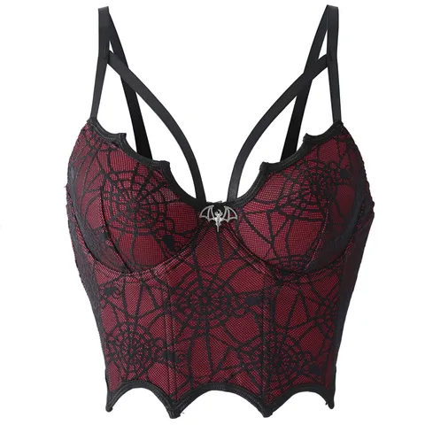 Gothic Halloween Spinnennetz Korsett Bustier Cami Top Für Damen Dunkel Weinrot Spitzen-Patchwork Zusammengesetzt Miederstäbchen Bügel Unterwäsche BH