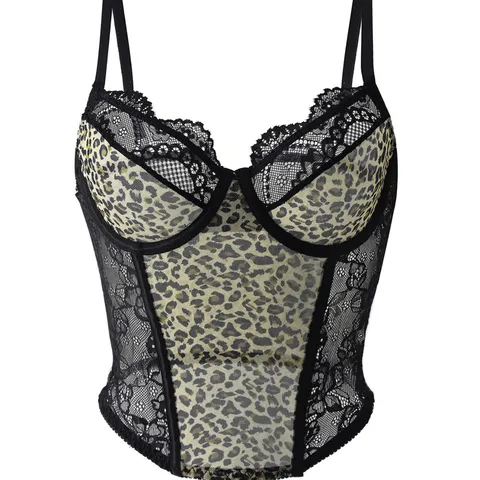 Sexy Leopard Print Lace Patchwork Boned Corset Top For Women Spaghetti Straps Slimming Cami Tank Top Party Halloween Outfits
