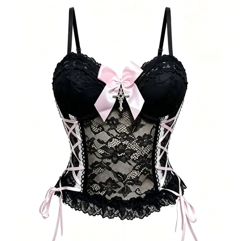 Damen Gothisch Spitze Camisole-Top Gothisch Korsett Crop Top Überkreuzte Schleife Strass Akzent Mesh Bodyshaper Schwarz