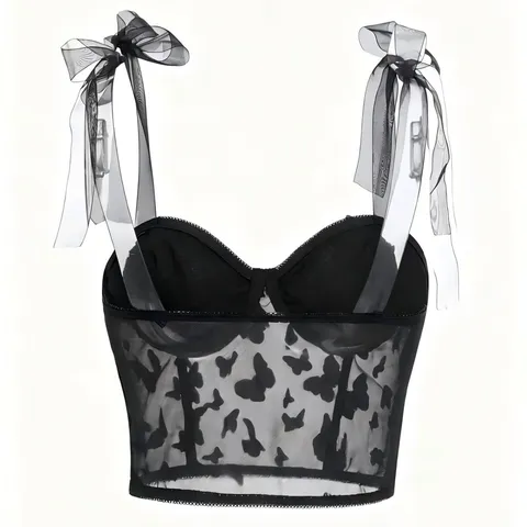 Dark Gothic Women Camisole Top Black Polyester Corset Top See Through Mesh 3D Butterfly Boning Tight Bustier Top Everyday Party