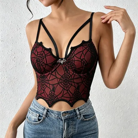 Gothic Halloween Spinnennetz Korsett Bustier Cami Top Für Damen Dunkel Weinrot Spitzen-Patchwork Zusammengesetzt Miederstäbchen Bügel Unterwäsche BH