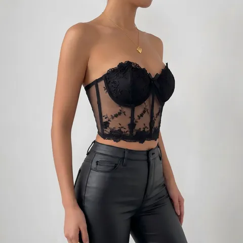Gothic Mesh Embroidered Bustier Corset Splicing Flower Lace V-Neck Short Length Outer Wear Strapless Bowknot Body Shaping Top For Women Party