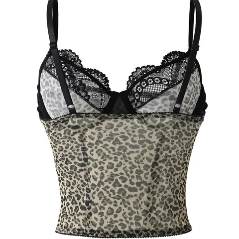 Sexy Leopard Print Lace Patchwork Boned Corset Top For Women Spaghetti Straps Slimming Cami Tank Top Party Halloween Outfits