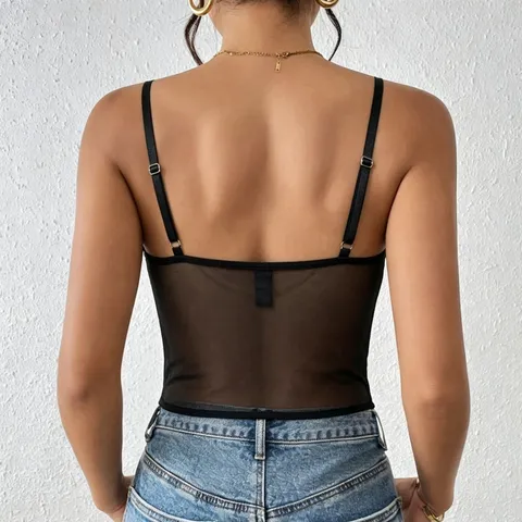 Gothic Women Polyester Mesh See-Through Lace-Up Corset Top V-Neck Boning Camisole Underwear Black Strappy Vest Top For Halloween Party