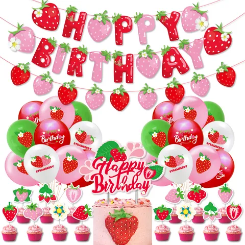 Aardbei Thema Verjaardagsfeestje Decoratie Benodigdheden Fruit Happy Birthday Banner Cake Toppers Latex Ballonnen Set Voor Kinderen