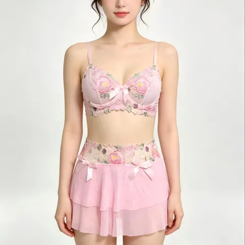 Women Sexy Lingerie Set Pink Floral Mesh Embroidery Bra And Lace Skirt Lingerie Top And Bottom Set For Women