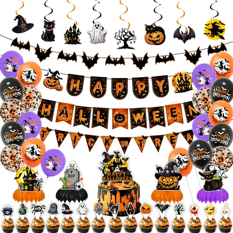 Halloween Feest Decoratie Set Papier Banners Cake Toppers Ballonnen Honingraat Ornamenten Spiralen Feestelijke Huis Hangende Decoratie