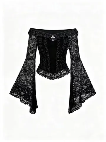 Gothic Samt Off-Shoulder Top Damen Spitzen-Spleißen Langarm Ausgestellter Ärmel Bluse Sexy Schlanke Passform Verkürzt Pullover Halloween Kostüm