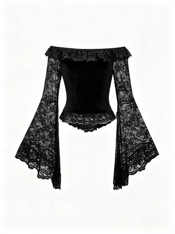 Gothic Samt Off-Shoulder Top Damen Spitzen-Spleißen Langarm Ausgestellter Ärmel Bluse Sexy Schlanke Passform Verkürzt Pullover Halloween Kostüm
