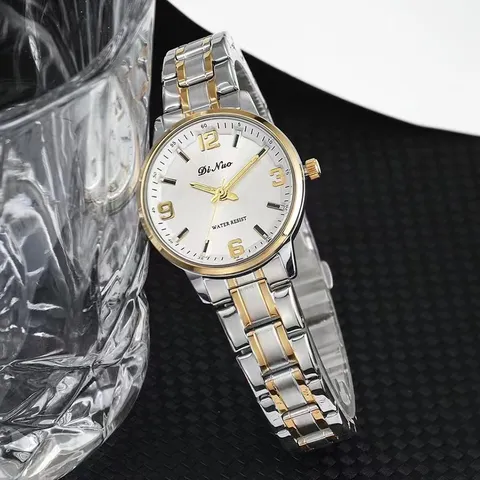 Moda Parejas Reloj de Cuarzo Bicolor Correa de Acero Inoxidable Caja de Aleación Reloj de Pulsera Analógico Redondo 30m Resistente al Agua Relojes Estilo Negocios