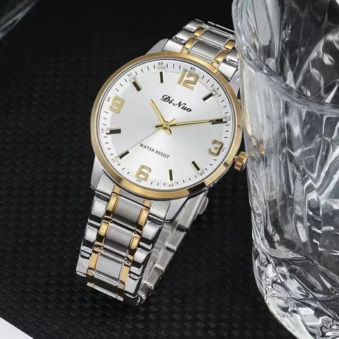 Moda Parejas Reloj de Cuarzo Bicolor Correa de Acero Inoxidable Caja de Aleación Reloj de Pulsera Analógico Redondo 30m Resistente al Agua Relojes Estilo Negocios