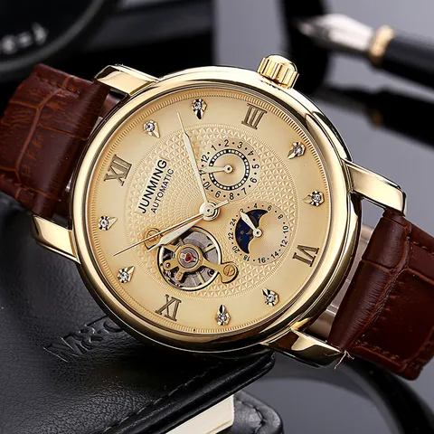 Orologio Meccanico Automatico da Uomo Business Lusso in Acciaio Inossidabile Cinturino in Vera Pelle Scheletrato Numeri Romani Strass Tourbillon per Ufficio