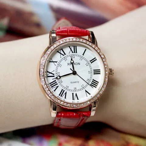 XINKON Women's Fashion Quartz Watch Roman Numerals Rhinestone Bezel Stainless Steel Case Leather Strap Elegant Analog Wristwatch For Students Ladies