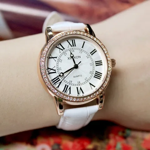 XINKON Women's Fashion Quartz Watch Roman Numerals Rhinestone Bezel Stainless Steel Case Leather Strap Elegant Analog Wristwatch For Students Ladies