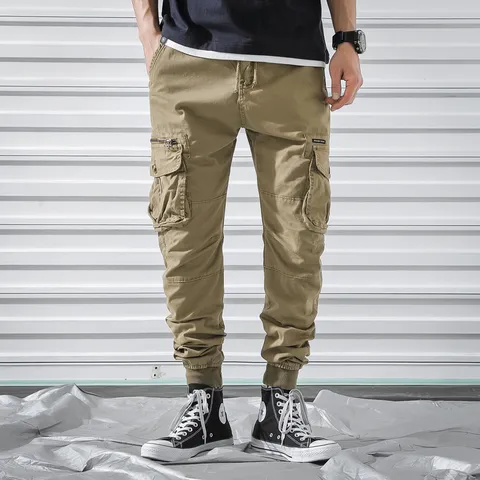 Men's Casual Cargo Pants Multi-Pocket Slim Fit Cone Trousers Cotton Spring Autumn Outdoor Sports Pants