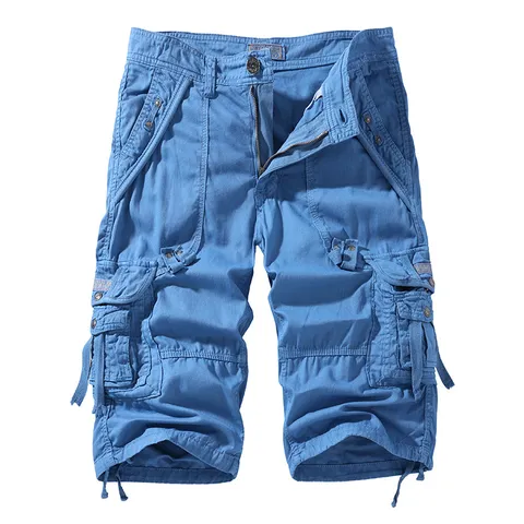 Men's Casual Pure Cotton Cargo Shorts Summer Loose Fit Multi Pocket Cropped Trousers Solid Color Male Clothing