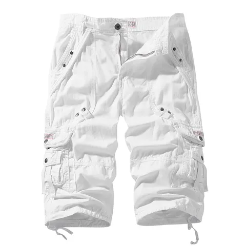 Men's Casual Pure Cotton Cargo Shorts Summer Loose Fit Multi Pocket Cropped Trousers Solid Color Male Clothing
